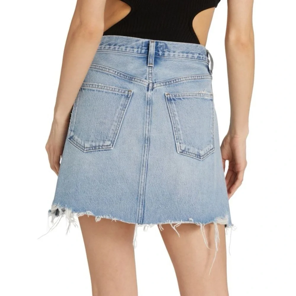NWT Agolde Criss Cross Jean Mini Skirt Distressed Light Blue Frayed Hem Denim
